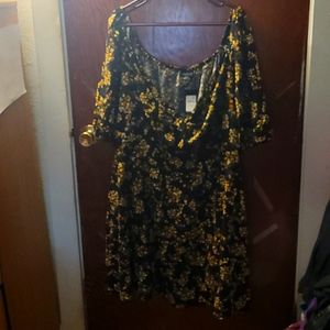 City Chic, black w/floral print, off the shoulder dress, size XL/22, Never Worn
